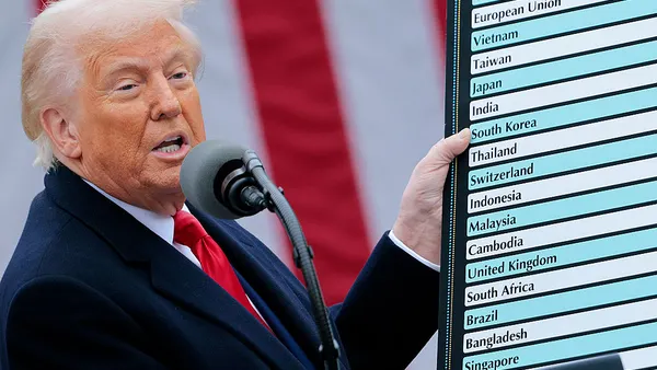 President Donald Trump holds up a chart while speaking during a “Make America Wealthy Again” trade announcement event in the Rose Garden at the White House.